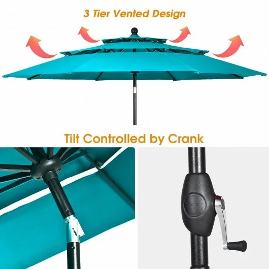 10' 3 Tier Patio Umbrella Aluminum Sunshade Shelter Double Vented-Turquoise