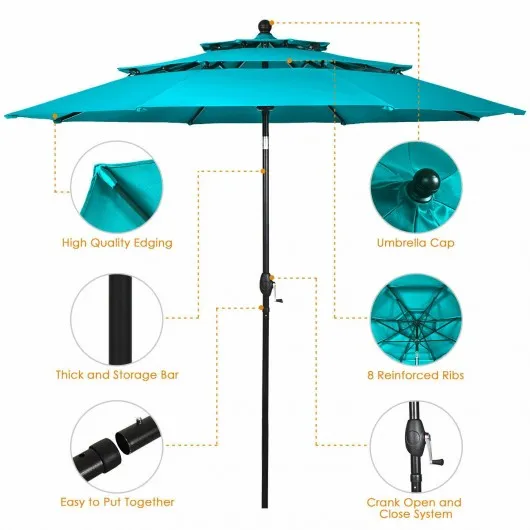 10' 3 Tier Patio Umbrella Aluminum Sunshade Shelter Double Vented-Turquoise
