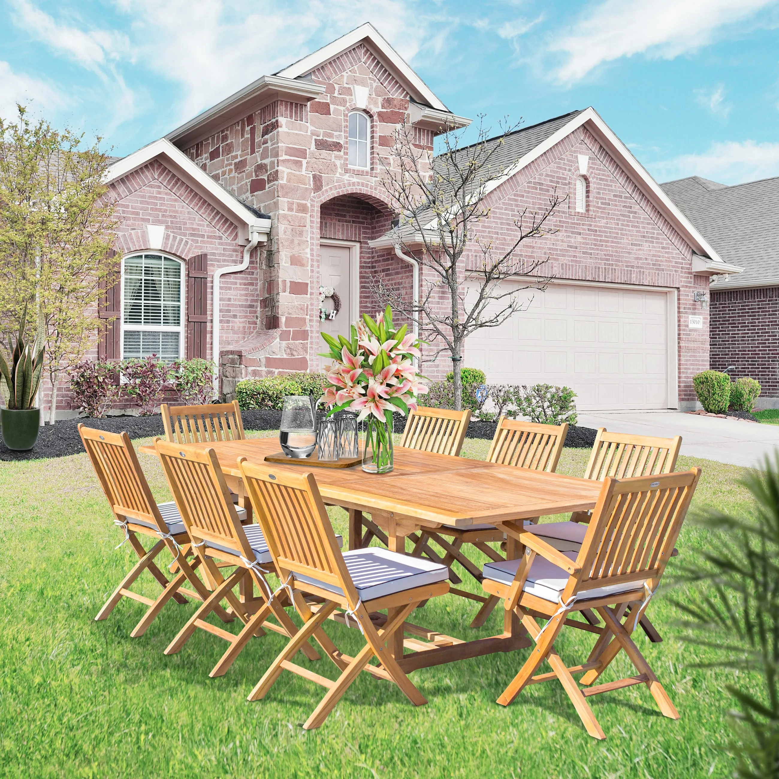 9 Piece Teak Wood Santa Barbara Patio Dining Set with Rectangular Extension Table, 2 Folding Arm Chairs and 6 Folding Side Chairs