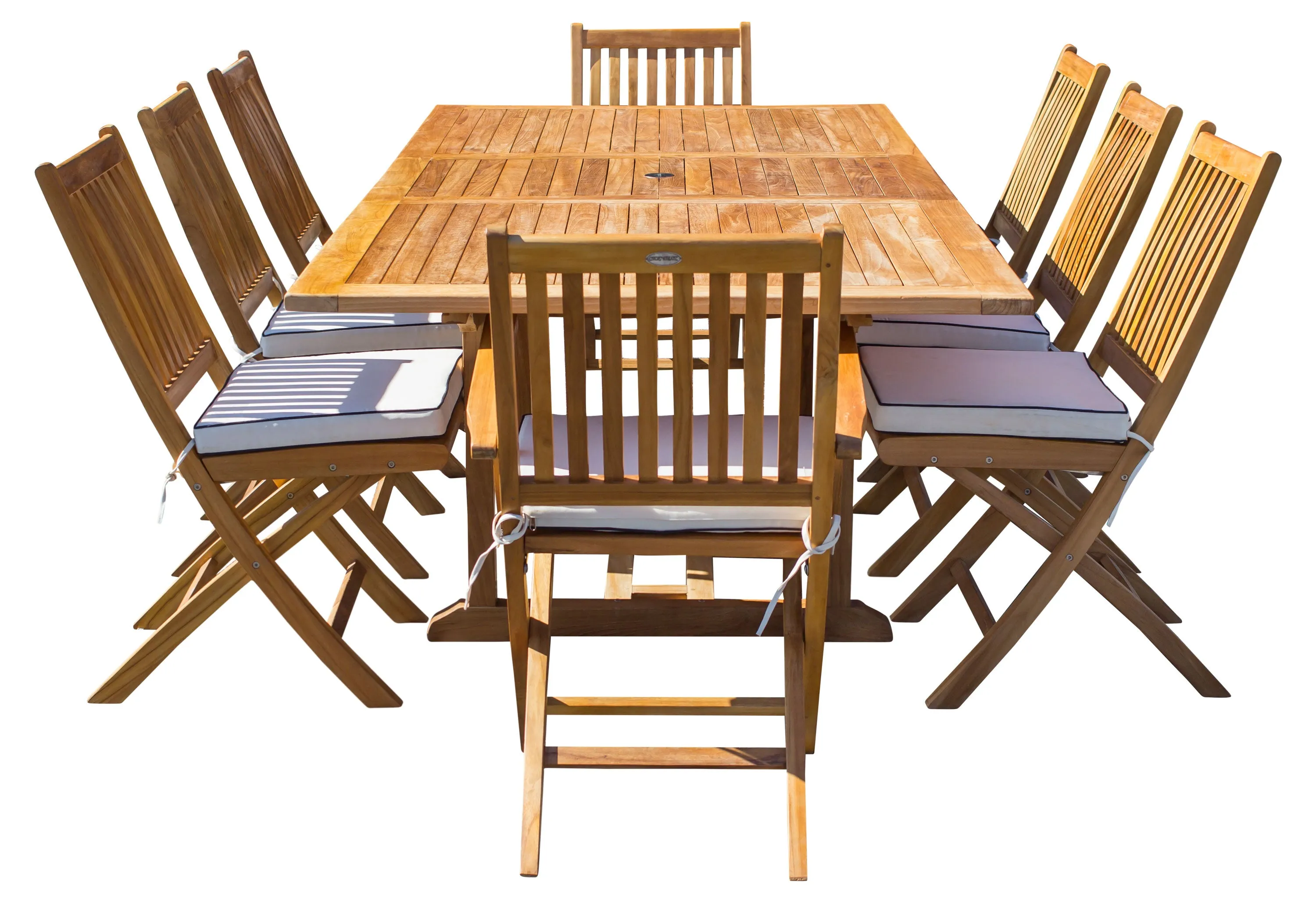 9 Piece Teak Wood Santa Barbara Patio Dining Set with Rectangular Extension Table, 2 Folding Arm Chairs and 6 Folding Side Chairs