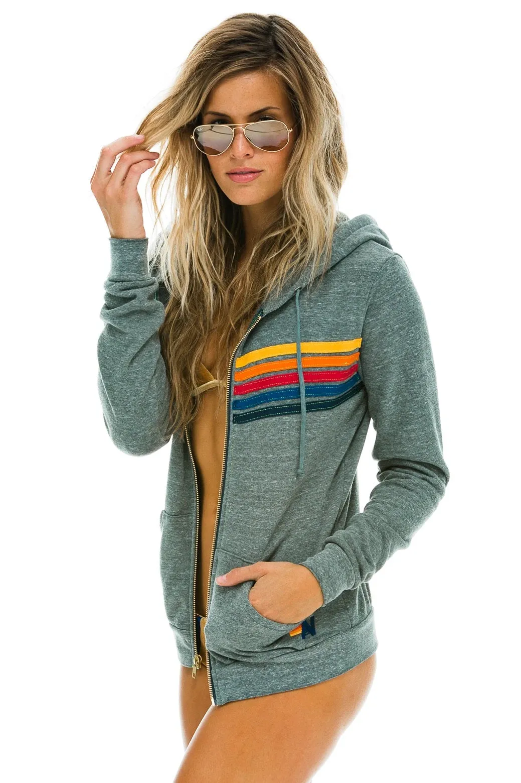 Aviator Nation - 5 Stripe Zip Hoodie in Heather Grey