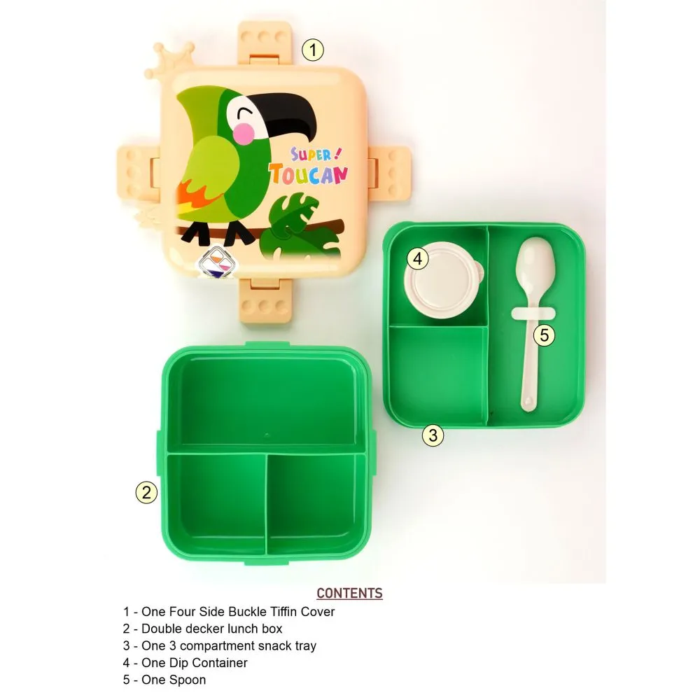Cream Toucan 2 decker Tiffin/ Lunch and Snack Box for Kids
