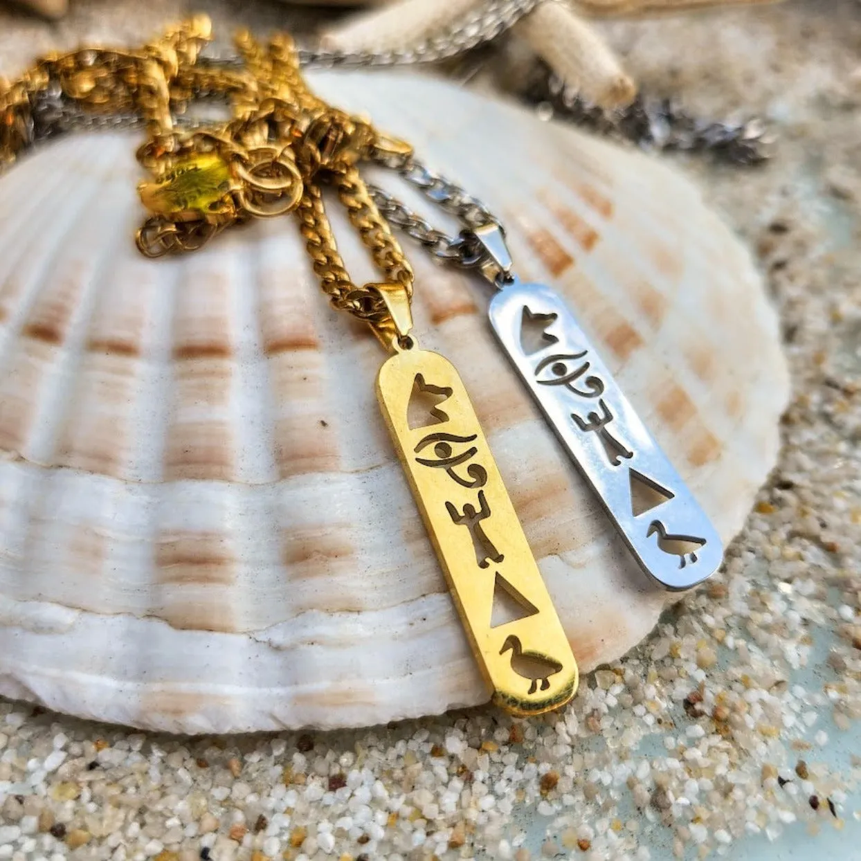 EGYPTIAN HIEROGLYPHIC MEN'S 18K GOLD OR SILVER WATERPROOF NECKLACE