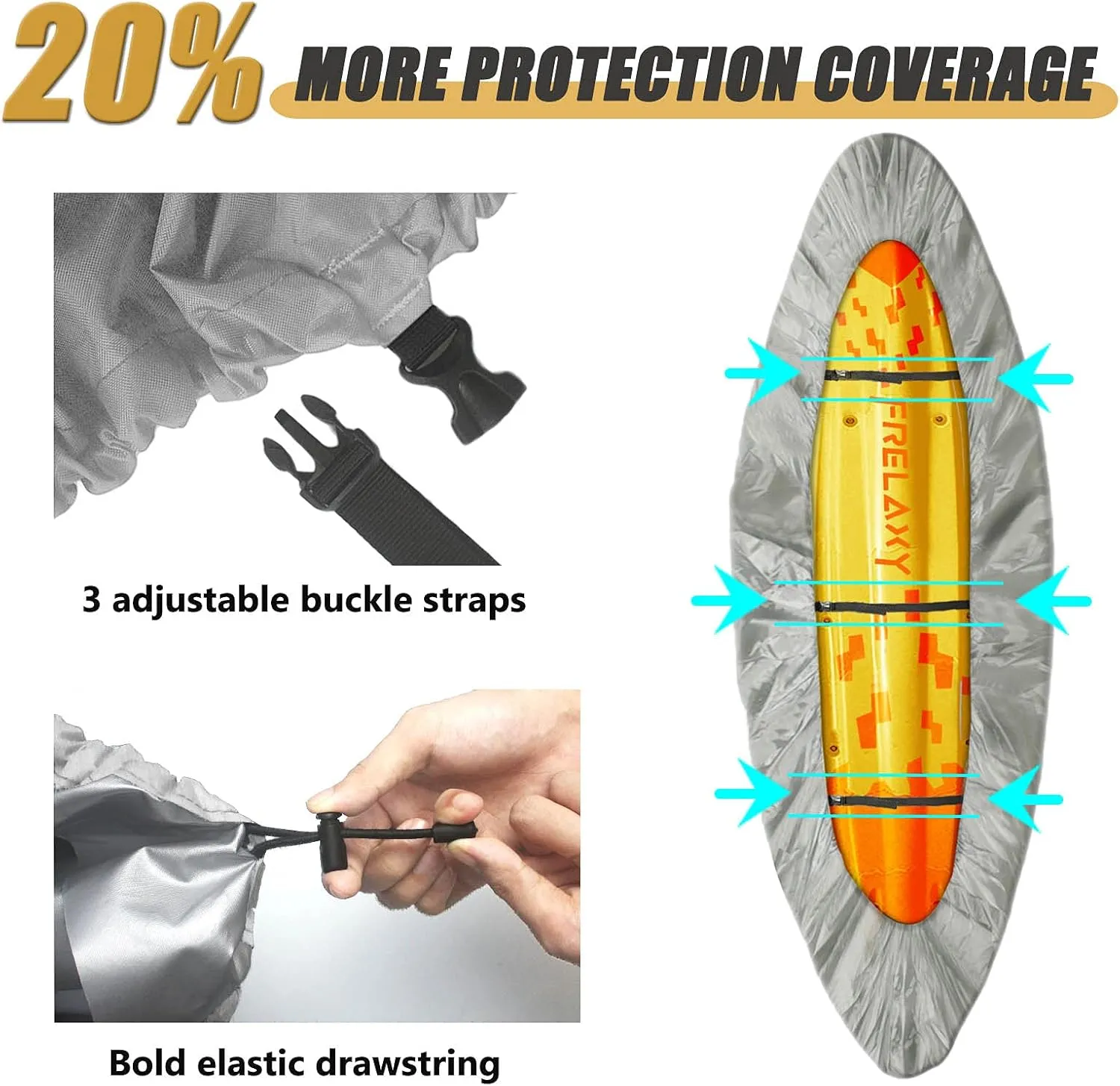 Frelaxy 420D Kayak Cover, Heavy Duty Waterproof UV Resistant Kayak Covers for Outdoor Storage, Ultra Strong Canoe Storage Dust Cover, Great for Indoor & Outdoor 9.8-15ft