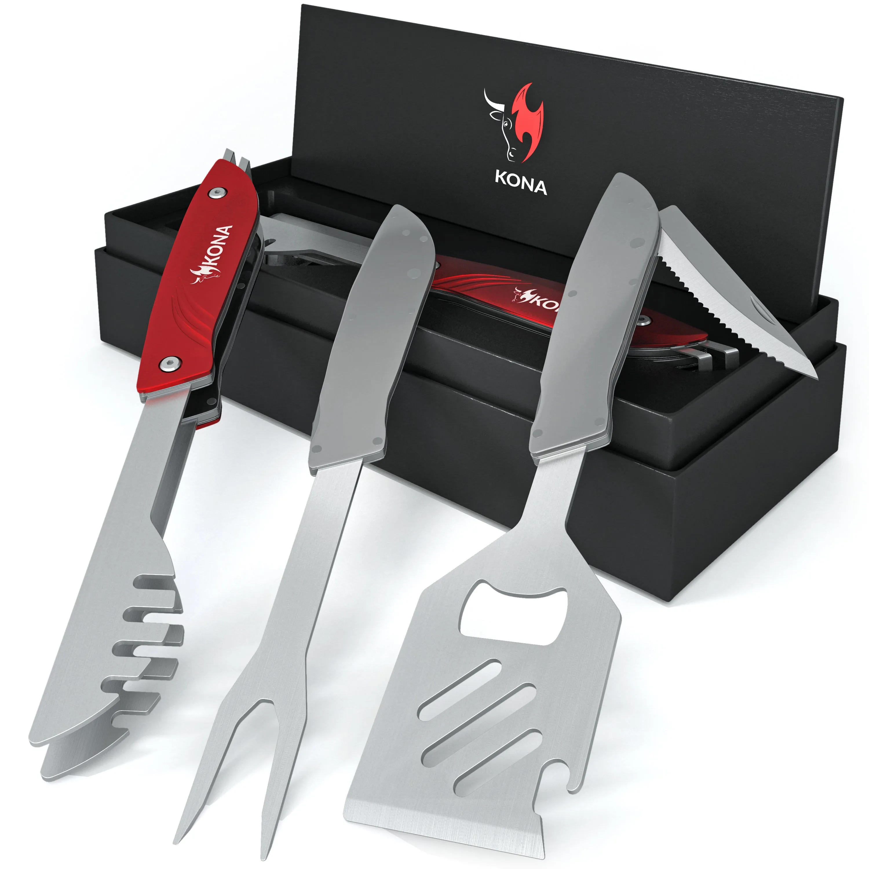 Kona Tailgater BBQ Multi Grill Tool - Removable Spatula, Fork & Tongs - Beautiful Gift Box