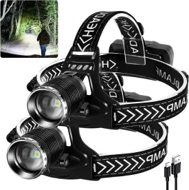 Led Headlamp Rechargeable, 990000 Lumens Head Lamp with 4 Modes, USB Rechargeable Zoom Headlamp, 90 Adjustable Head Lamps led Rechargeable for Outdoor Camping, Running, Cycling,Climbing
