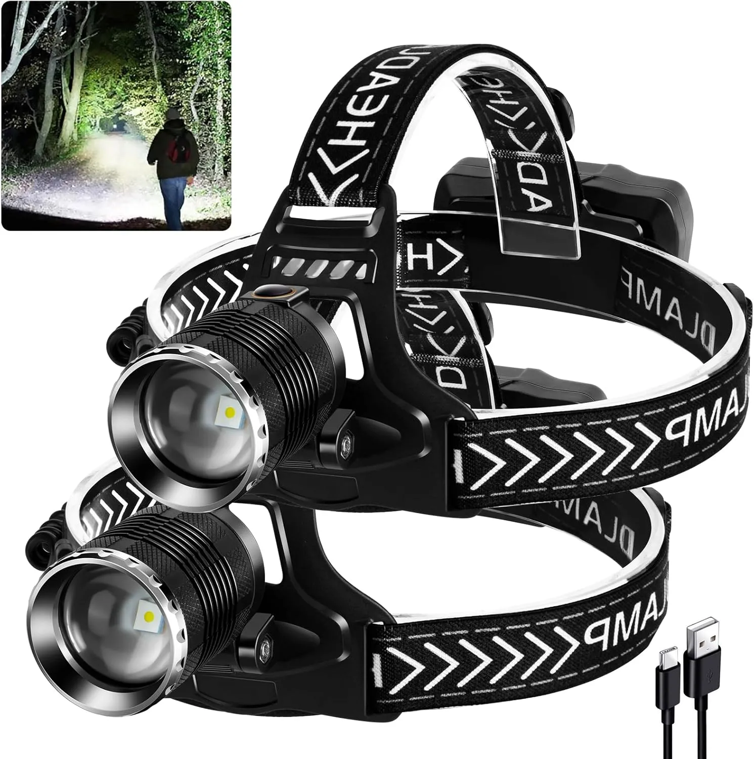 Led Headlamp Rechargeable, 990000 Lumens Head Lamp with 4 Modes, USB Rechargeable Zoom Headlamp, 90 Adjustable Head Lamps led Rechargeable for Outdoor Camping, Running, Cycling,Climbing