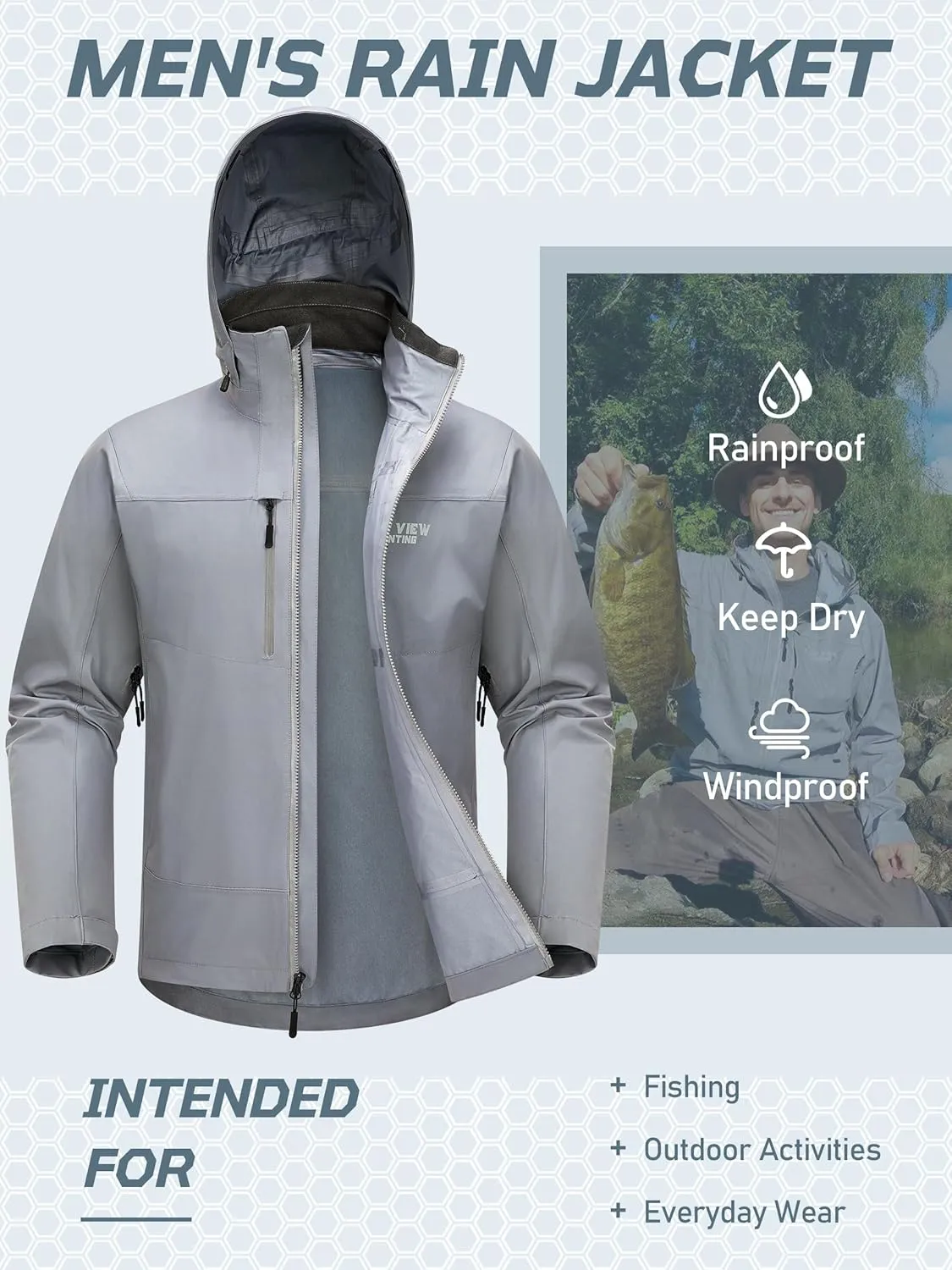 NEW VIEW Lightweight Rain Jackets for Men Waterproof with Hood, Hard Shell Stretch Rain Coat for Outdoor Travel