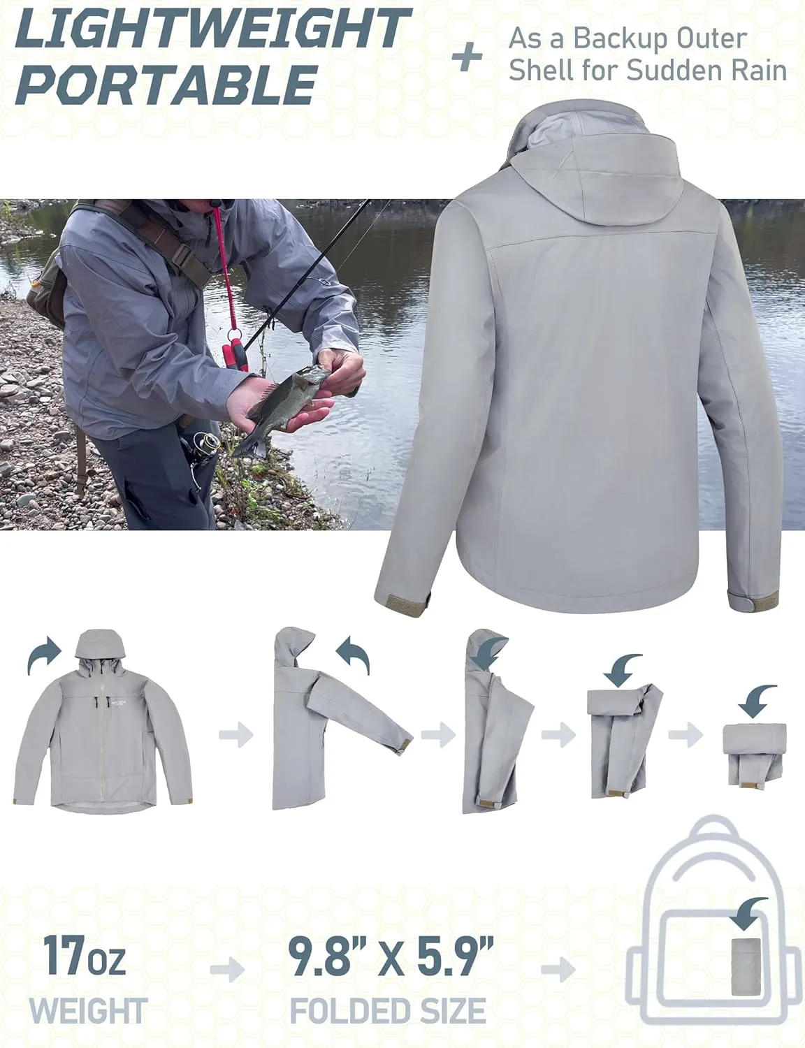 NEW VIEW Lightweight Rain Jackets for Men Waterproof with Hood, Hard Shell Stretch Rain Coat for Outdoor Travel