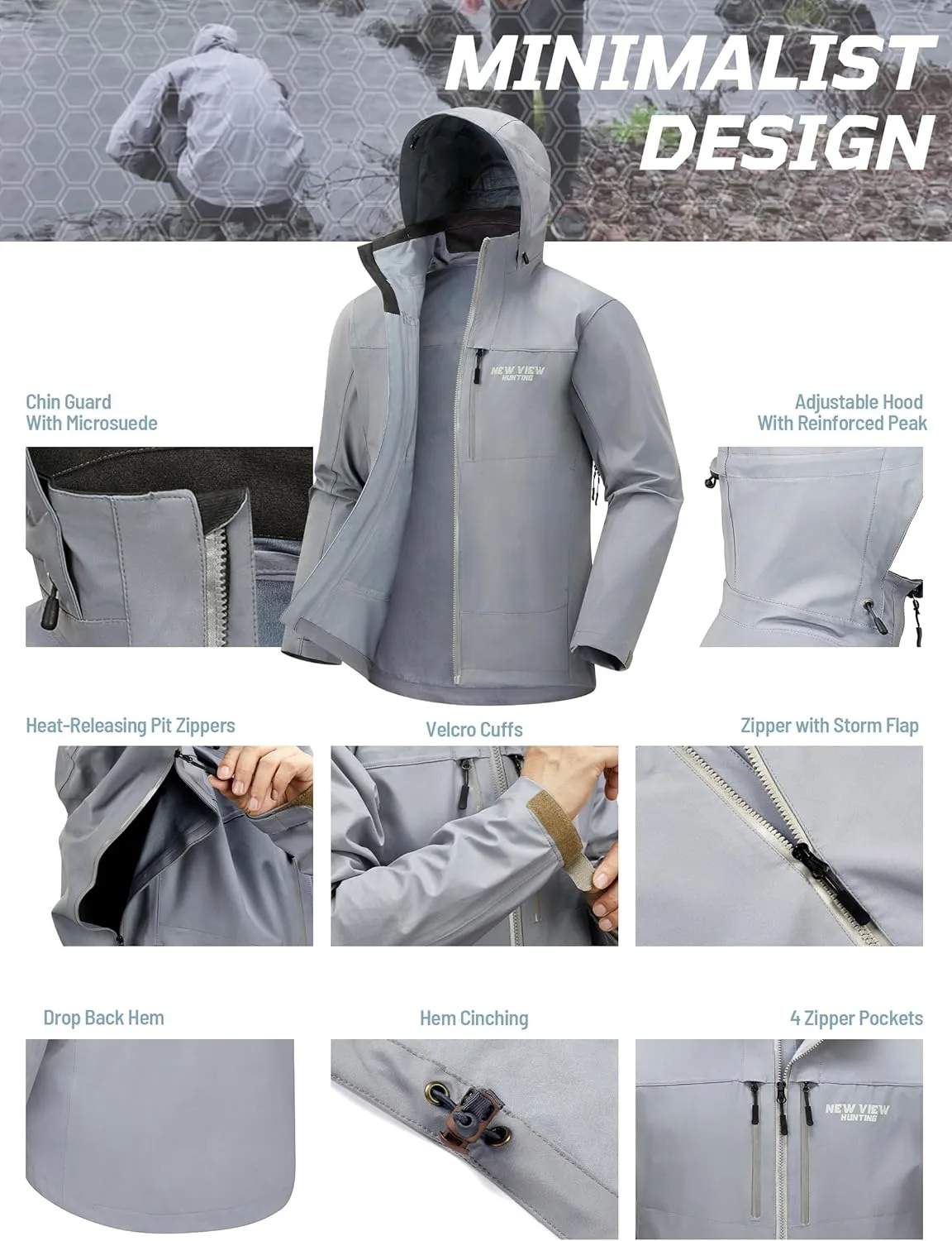 NEW VIEW Lightweight Rain Jackets for Men Waterproof with Hood, Hard Shell Stretch Rain Coat for Outdoor Travel