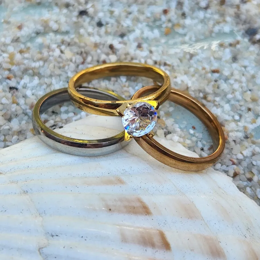 TONE OF THREE  - CZ WATERPROOF GOLD SILVER & ROSE GOLD RING SET