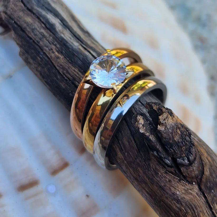 TONE OF THREE  - CZ WATERPROOF GOLD SILVER & ROSE GOLD RING SET