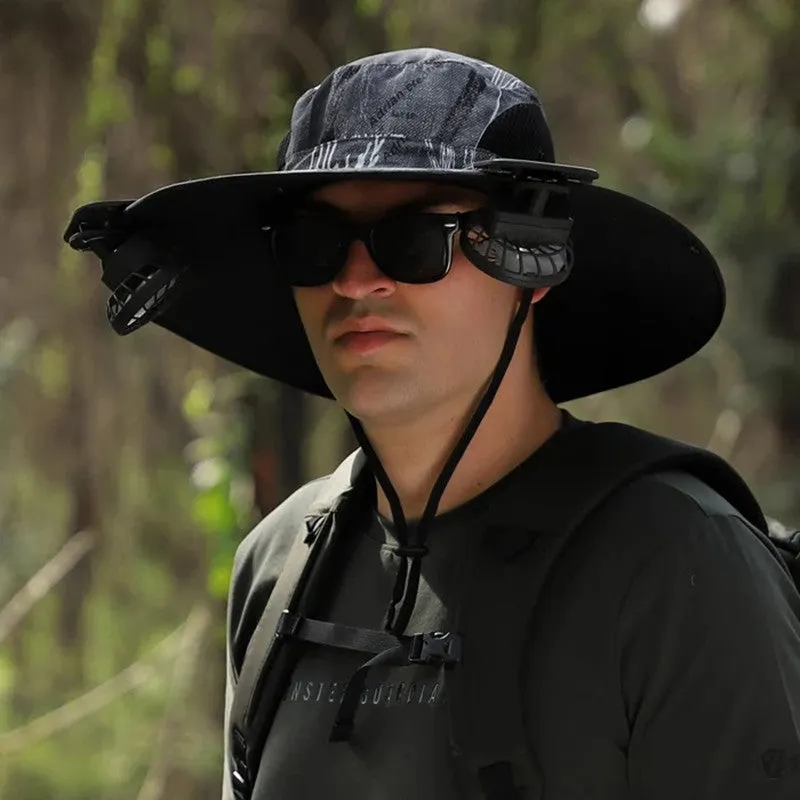 Wide Brim Solar Fan Outdoor Fishing Hat-Solar & USB Charging