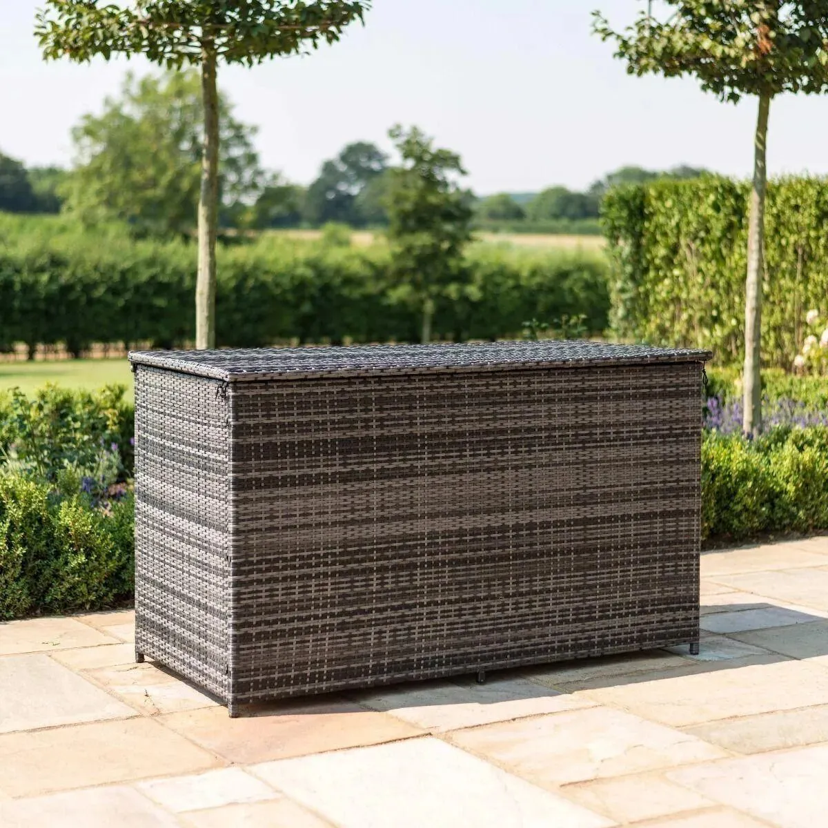Wooden Twist Polyethylene Rattan Garden Storage Box Weather and Water Resistant Patio Outdoor Storage Chest Store Blanket Cushion Pillow Toy Poly ( Dark Grey )