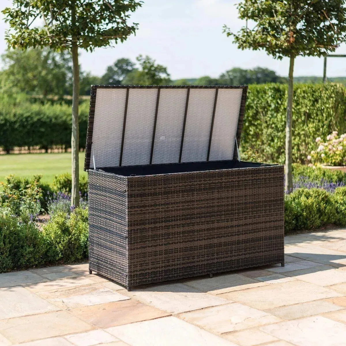 Wooden Twist Polyethylene Rattan Garden Storage Box Weather and Water Resistant Patio Outdoor Storage Chest Store Blanket Cushion Pillow Toy Poly ( Dark Grey )