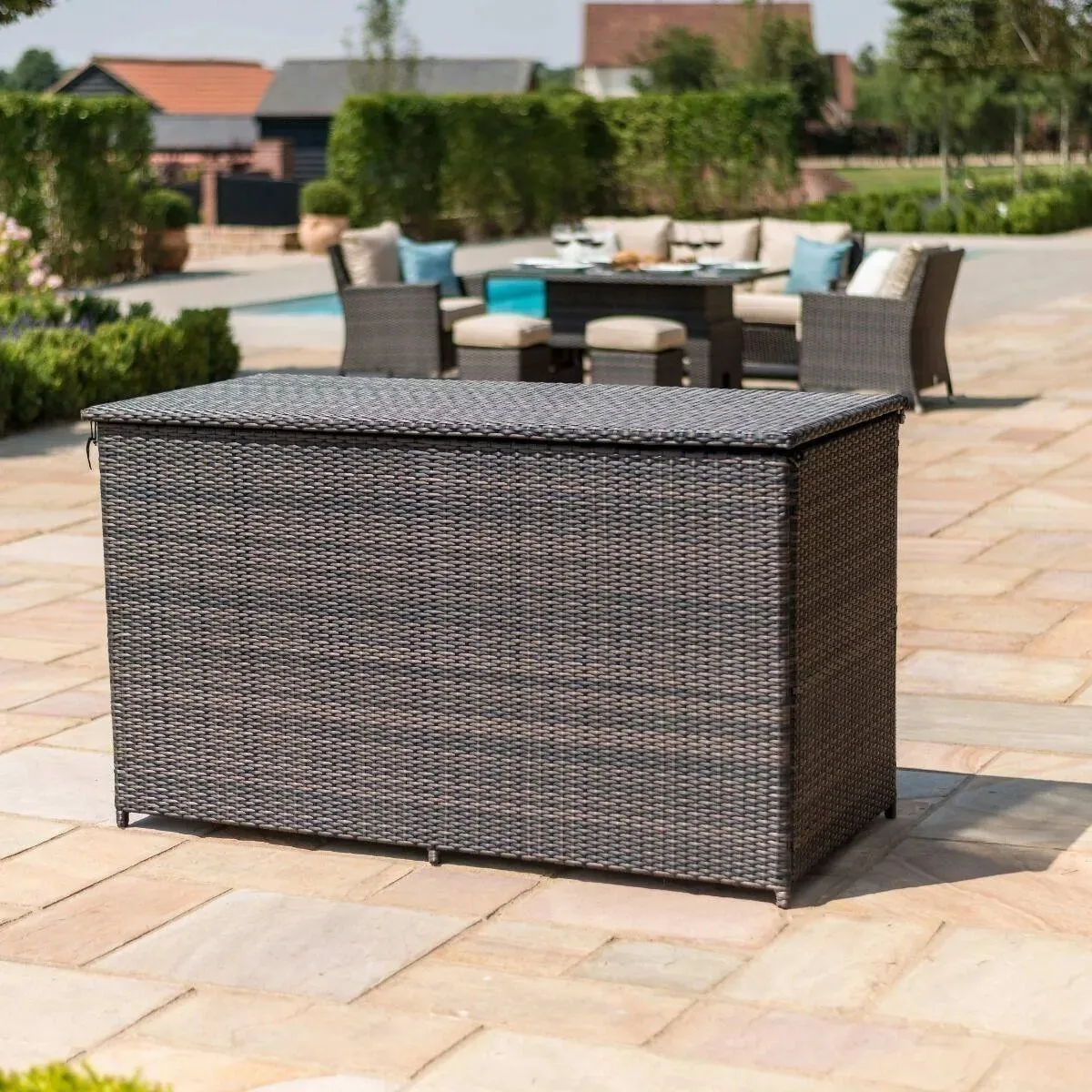 Wooden Twist Polyethylene Rattan Garden Storage Box Weather and Water Resistant Patio Outdoor Storage Chest Store Blanket Cushion Pillow Toy Poly ( Dark Grey )