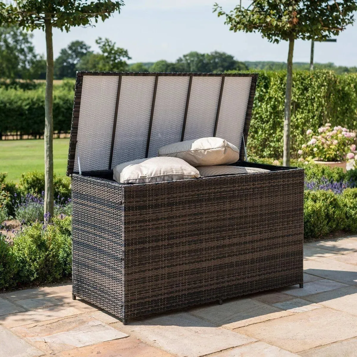 Wooden Twist Polyethylene Rattan Garden Storage Box Weather and Water Resistant Patio Outdoor Storage Chest Store Blanket Cushion Pillow Toy Poly ( Dark Grey )