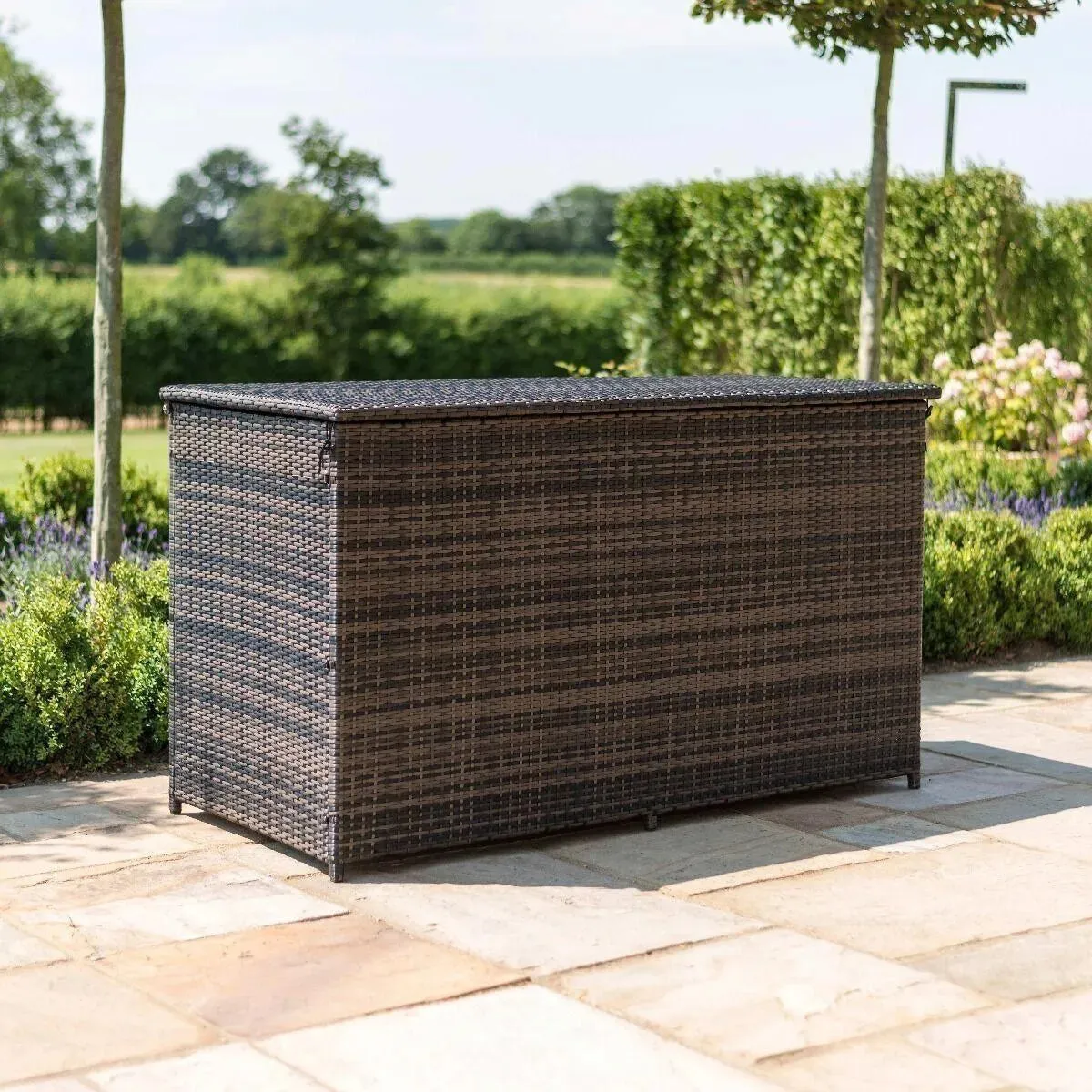 Wooden Twist Polyethylene Rattan Garden Storage Box Weather and Water Resistant Patio Outdoor Storage Chest Store Blanket Cushion Pillow Toy Poly ( Dark Grey )