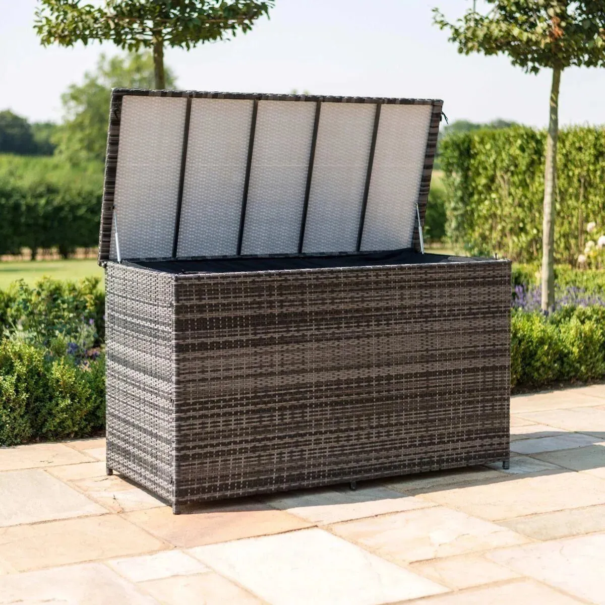 Wooden Twist Polyethylene Rattan Garden Storage Box Weather and Water Resistant Patio Outdoor Storage Chest Store Blanket Cushion Pillow Toy Poly ( Dark Grey )