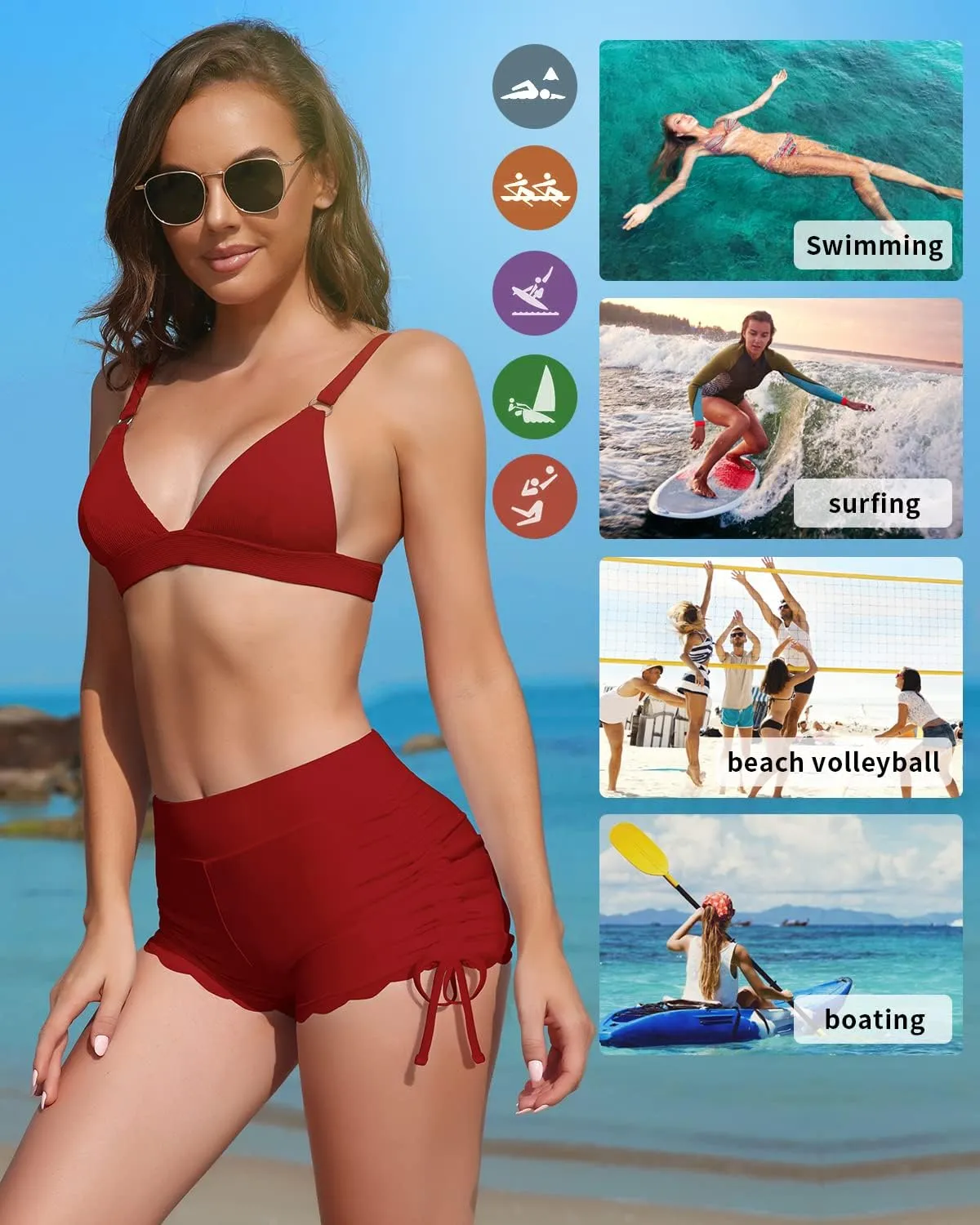 WOWENY Side Tie Swim Shorts for Women High Waisted Board Shorts Swimwear Bottom Bathing Suit Shorts Boy Shorts Swimsuits